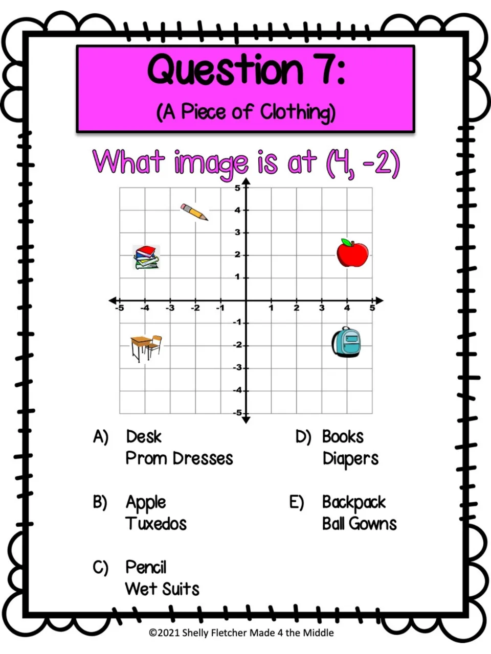 Question 7 (A Piece of Clothing): spot the object at (4, -2) and choose among prom dresses, tuxedos, wet suits, diapers