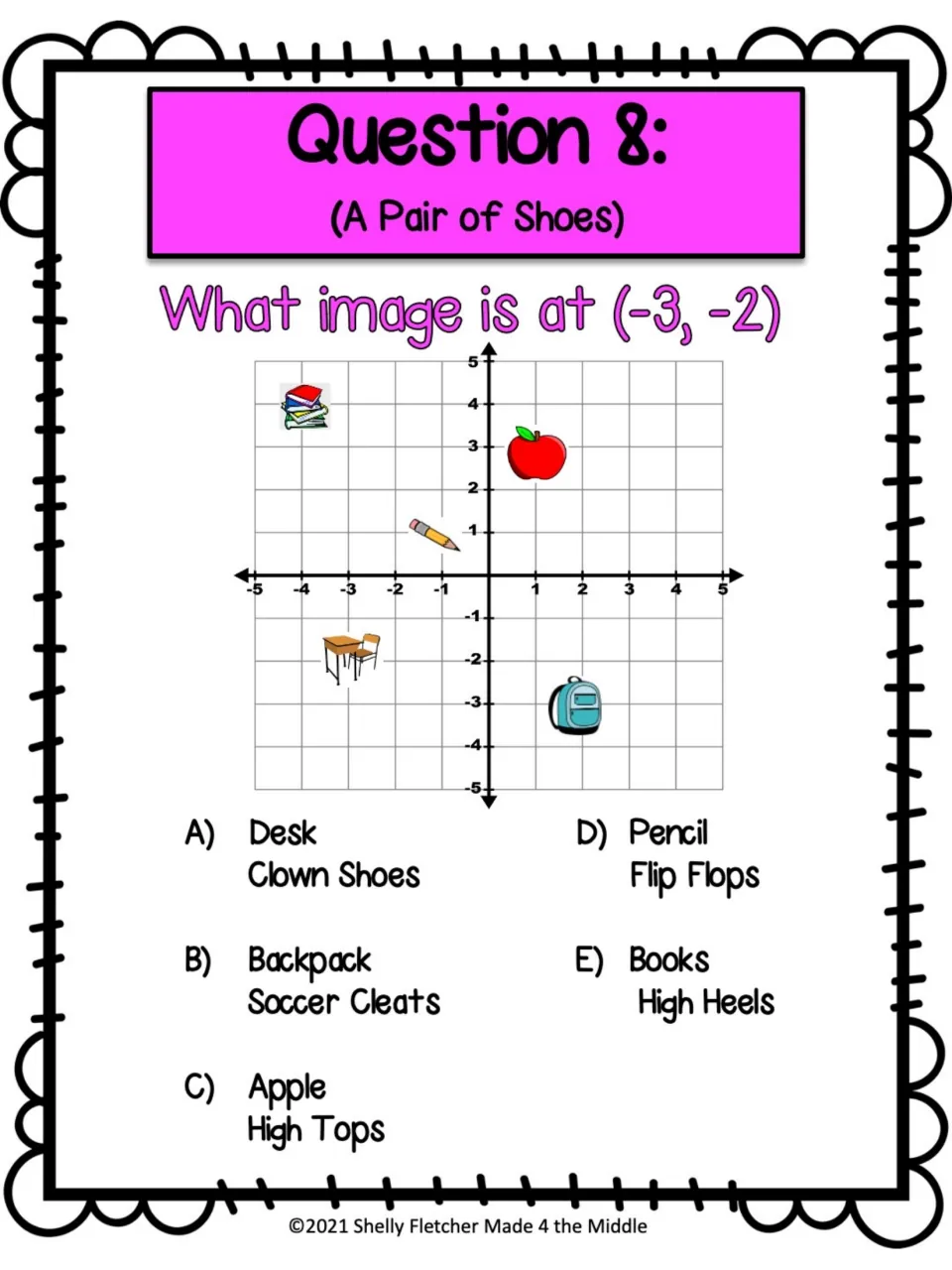 Question 8 (A Pair of Shoes): find the image at (-3, -2); choices include clown shoes, soccer cleats and flip flops