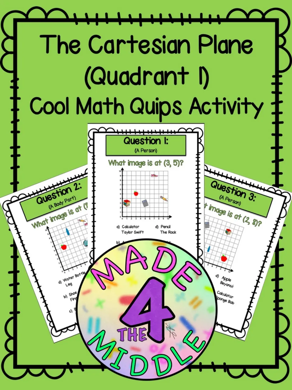 Cover of The Cartesian Plane (Quadrant 1) Cool Math Quips Activity, showing sample question cards with plotted school items