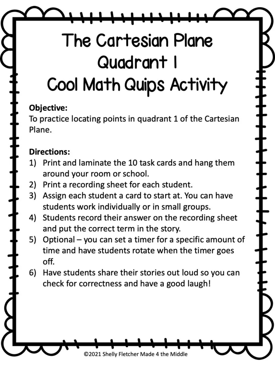 Teacher directions: objective of locating points in quadrant 1 and six steps for hanging 10 task cards around the room