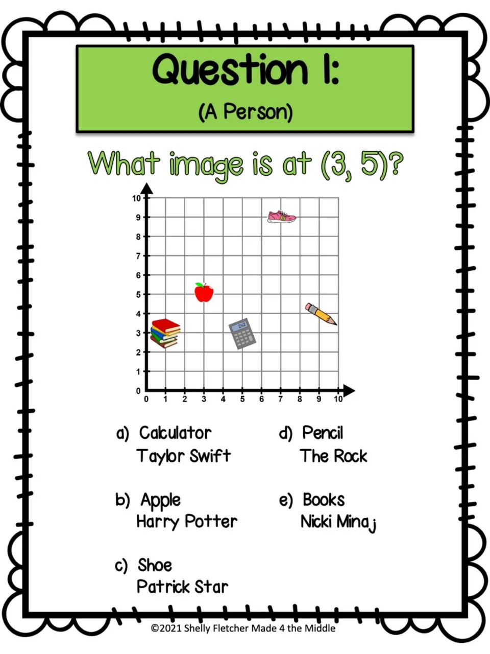 Task card 1 (A Person): students find which picture sits at (3, 5) and pick its paired name, like Harry Potter