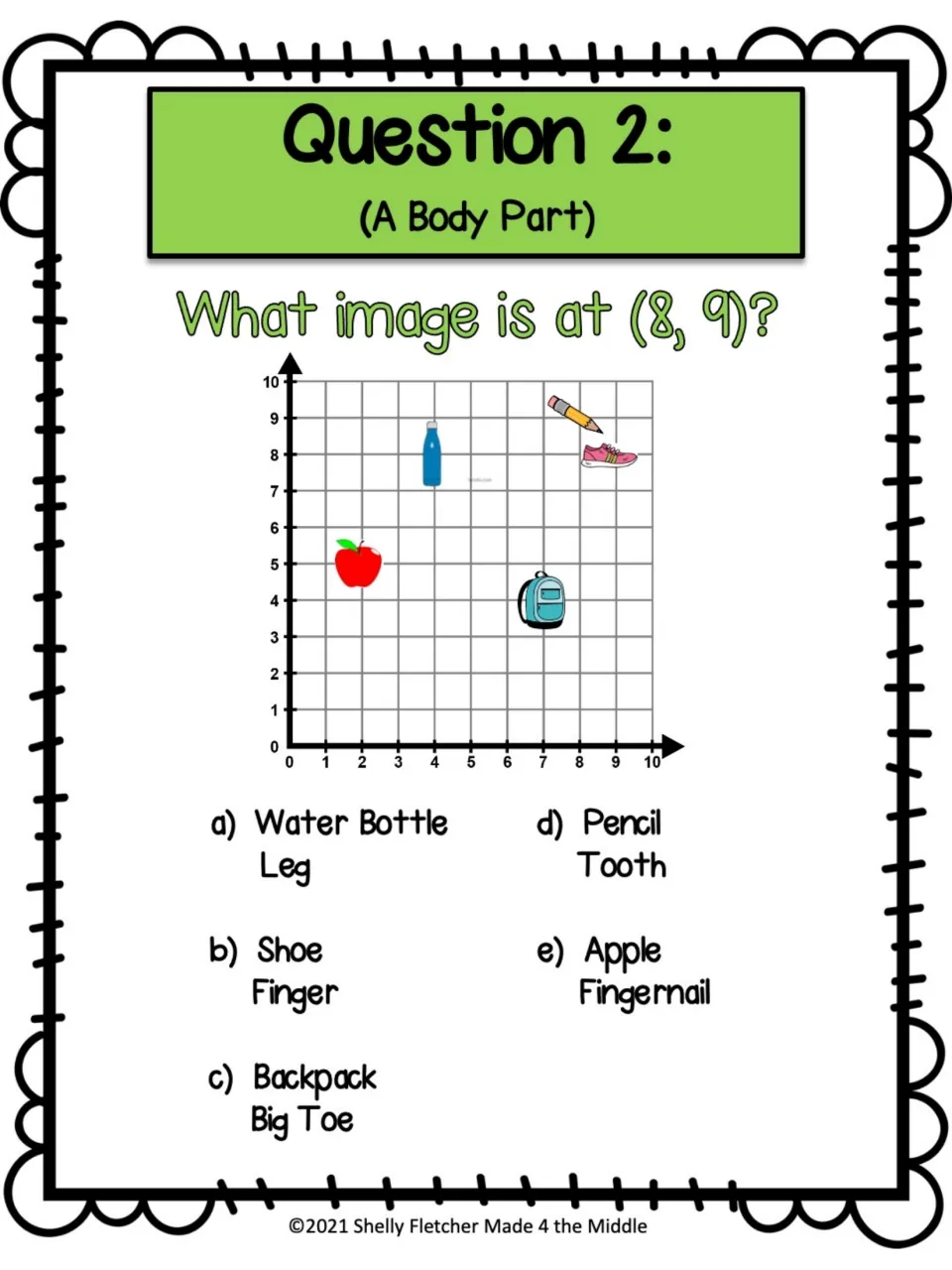 Task card 2 (A Body Part): students locate the item plotted at (8, 9) and pick a word such as Tooth or Big Toe