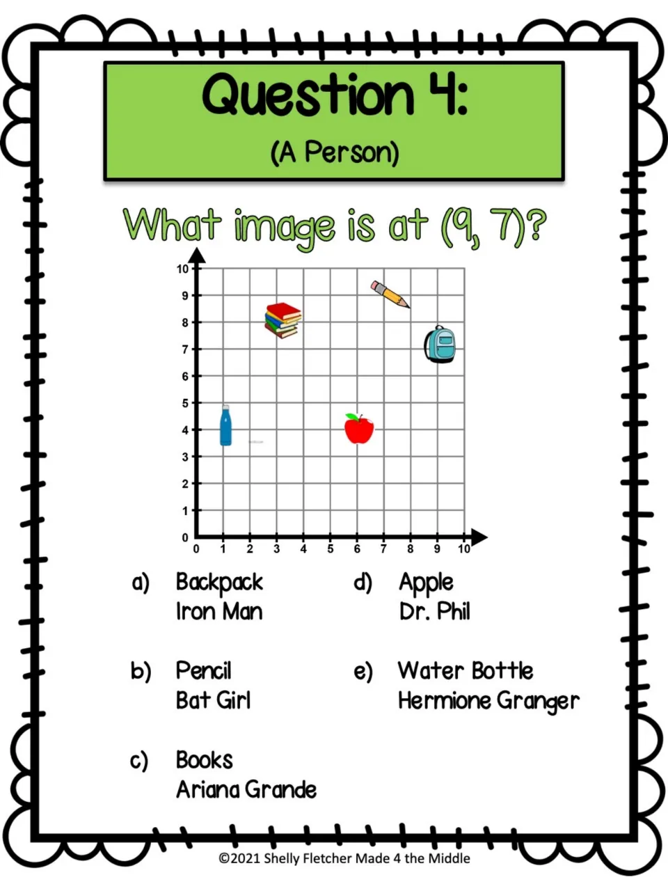 Task card 4 (A Person): students find the picture at (9, 7) among five items and pick a name like Iron Man or Dr. Phil