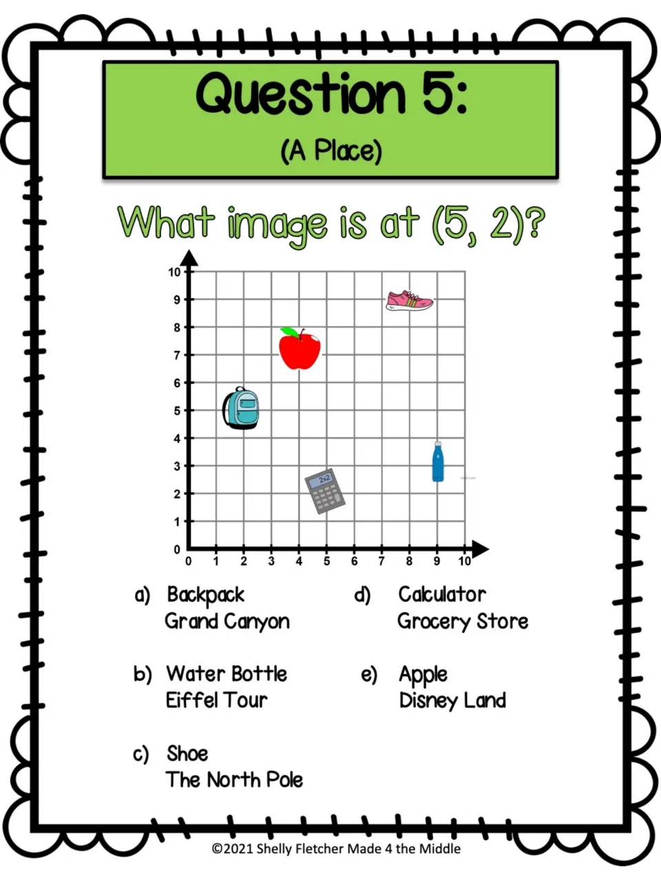 Task card 5 (A Place): students locate the point (5, 2) and match its item to a place such as Grand Canyon