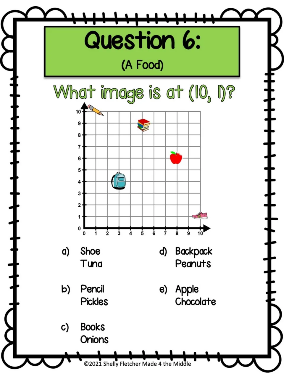 Task card 6 (A Food): students identify the object at (10, 1) near the x-axis and select a food such as Tuna or Pickles