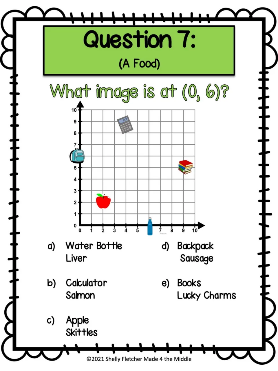 Task card 7 (A Food): students find the item at (0, 6), a point on the y-axis, and pick a food such as Skittles