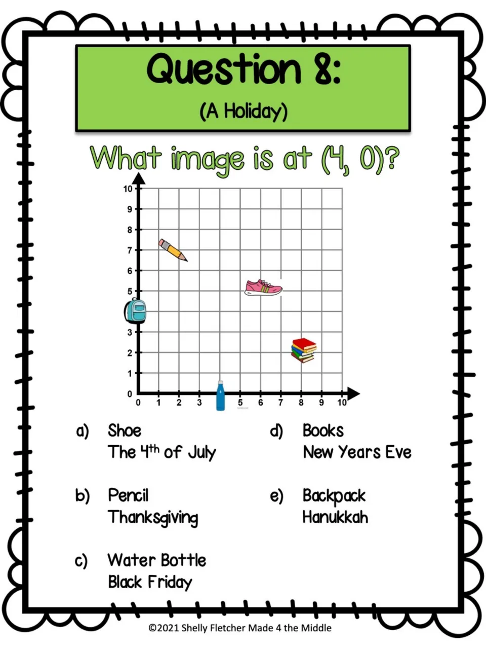 Task card 8 (A Holiday): students locate (4, 0), a point on the x-axis, and choose a holiday such as Hanukkah