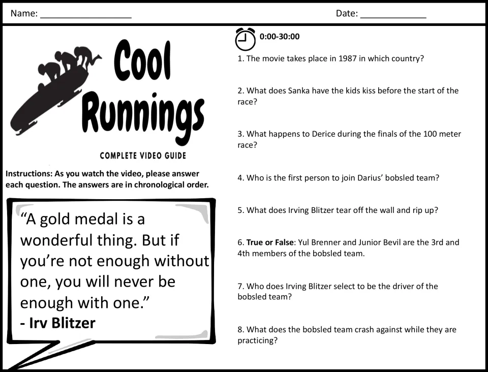 Cool Runnings questions, 0:00-30:00: students answer 8 in-order questions on Derice's race and forming the bobsled team