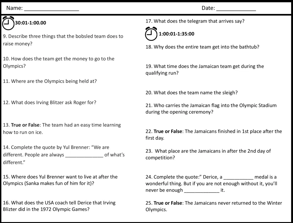 Movie questions 9-25, 30:01 to 1:35:00: students recall fundraising, the qualifying run, quotes and true-or-false facts