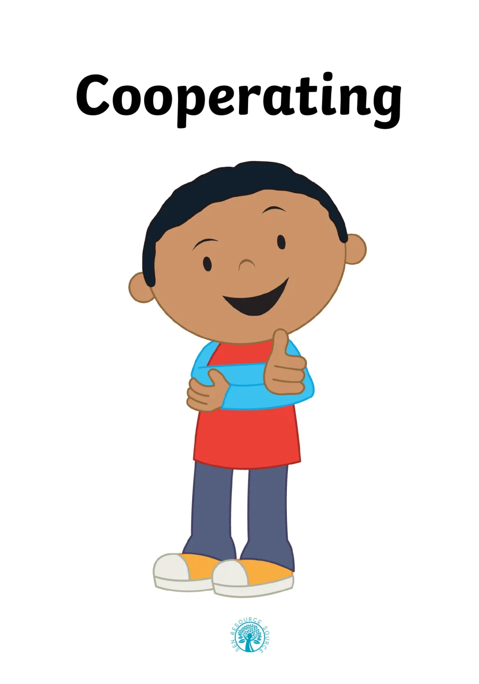 Cooperating Social Story cover: the title Cooperating above a smiling cartoon boy giving a thumbs-up with arms crossed