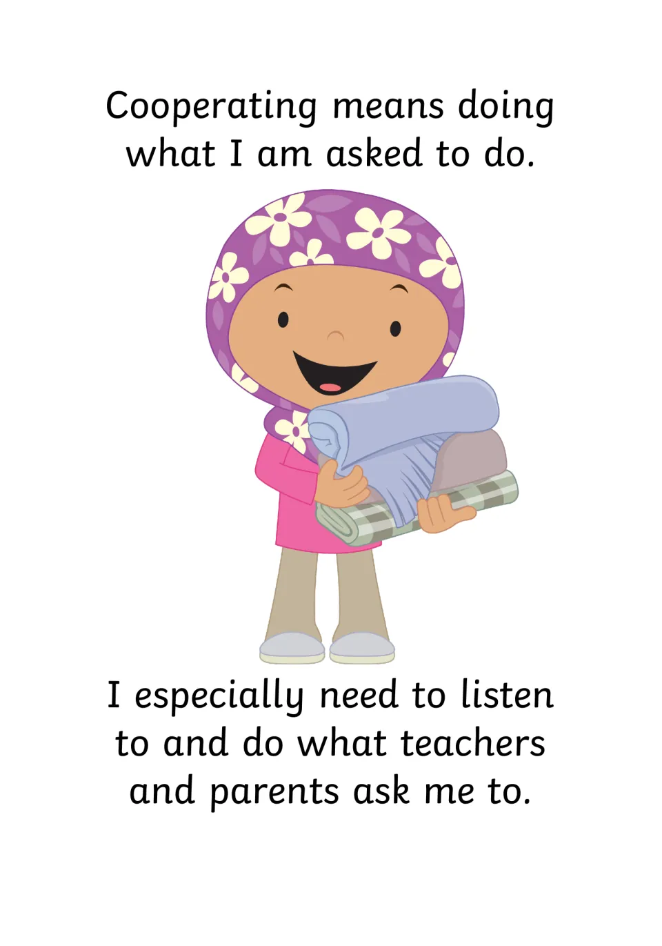 Defining cooperation: text says it means doing what I am asked, especially by teachers and parents; girl carries laundry