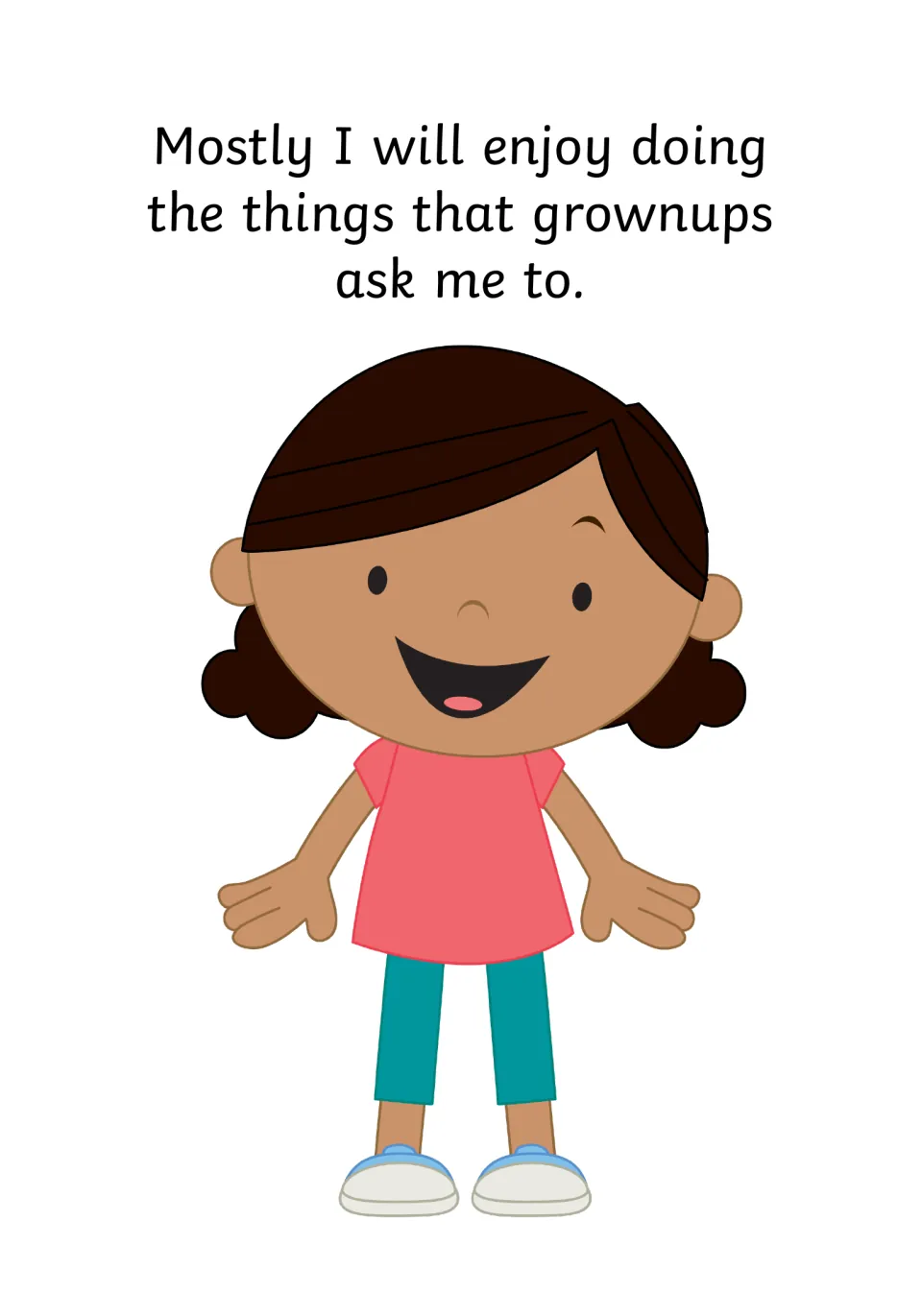 Enjoying tasks: story text says I will mostly enjoy doing the things grownups ask me to, beside a smiling girl in pink