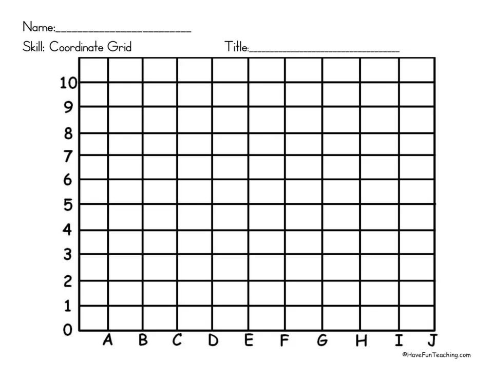 Coordinate grid practice: a blank plotting area lettered A to J across and numbered 0 to 10 up, with a title line to fill in