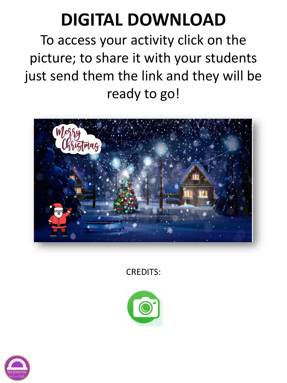 Digital escape room access page: click the Christmas picture to open the activity and share its link with students.
