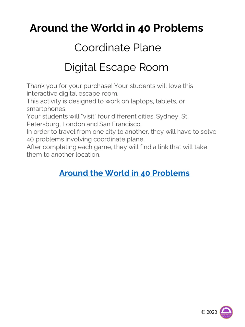 Around the World in 40 Problems coordinate plane digital escape room: link to 40 problems across Sydney, London and more