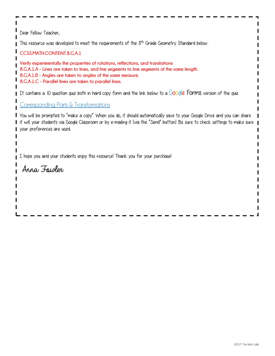 Teacher introduction to the 10-question geometry quiz, with standard 8.G.A.1 and Google Forms copy instructions