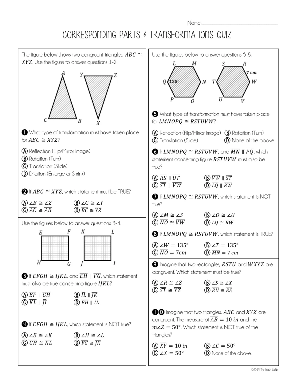 Geometry quiz: 10 multiple-choice questions on transformations and corresponding parts of congruent figures