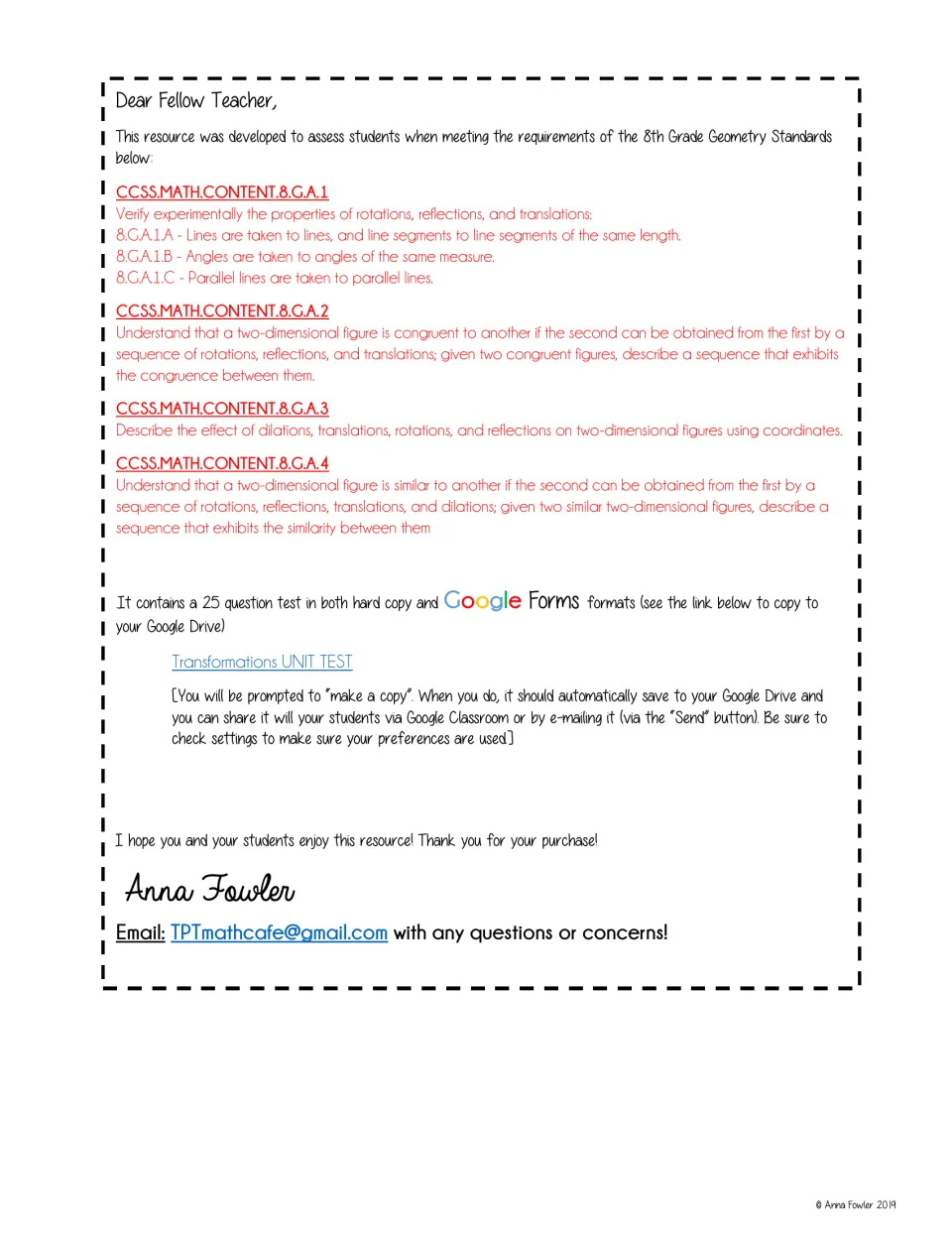 Teacher introduction to the 25-question transformations test, listing standards and Google Forms copy instructions