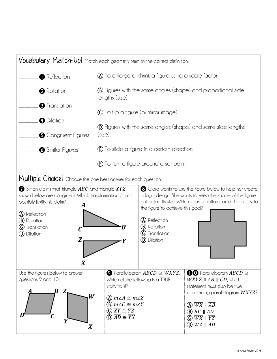 Test questions 1–10: match six geometry terms, then identify transformations and properties of congruent figures