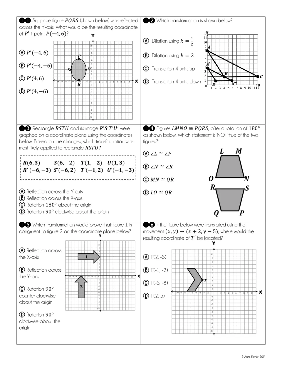 Test questions 11–16: reflections, dilations, rotations, translations, and corresponding parts of congruent figures