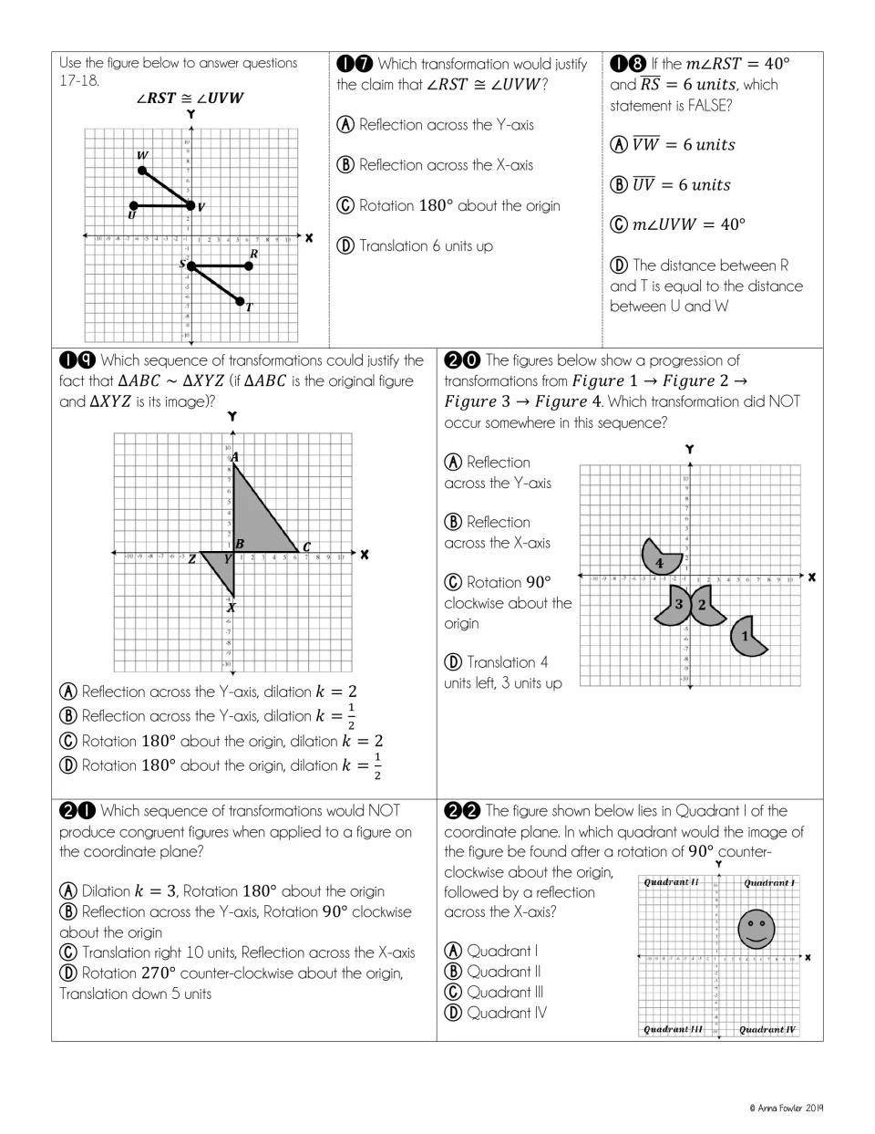 Test questions 17–22: transformation sequences, congruent angles, similar triangles, and changes in quadrants