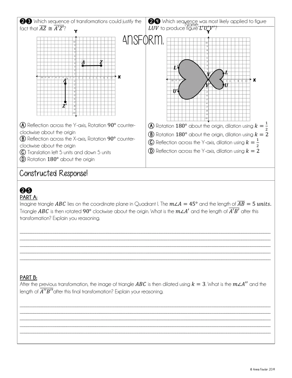 Test questions 23–25: transformation sequences and a two-part response on a 90° rotation and dilation by 3
