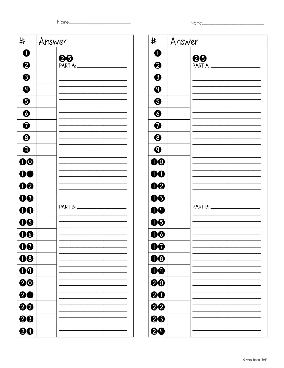 Two copies of the student answer sheet for questions 1–24 and the two-part constructed response in question 25