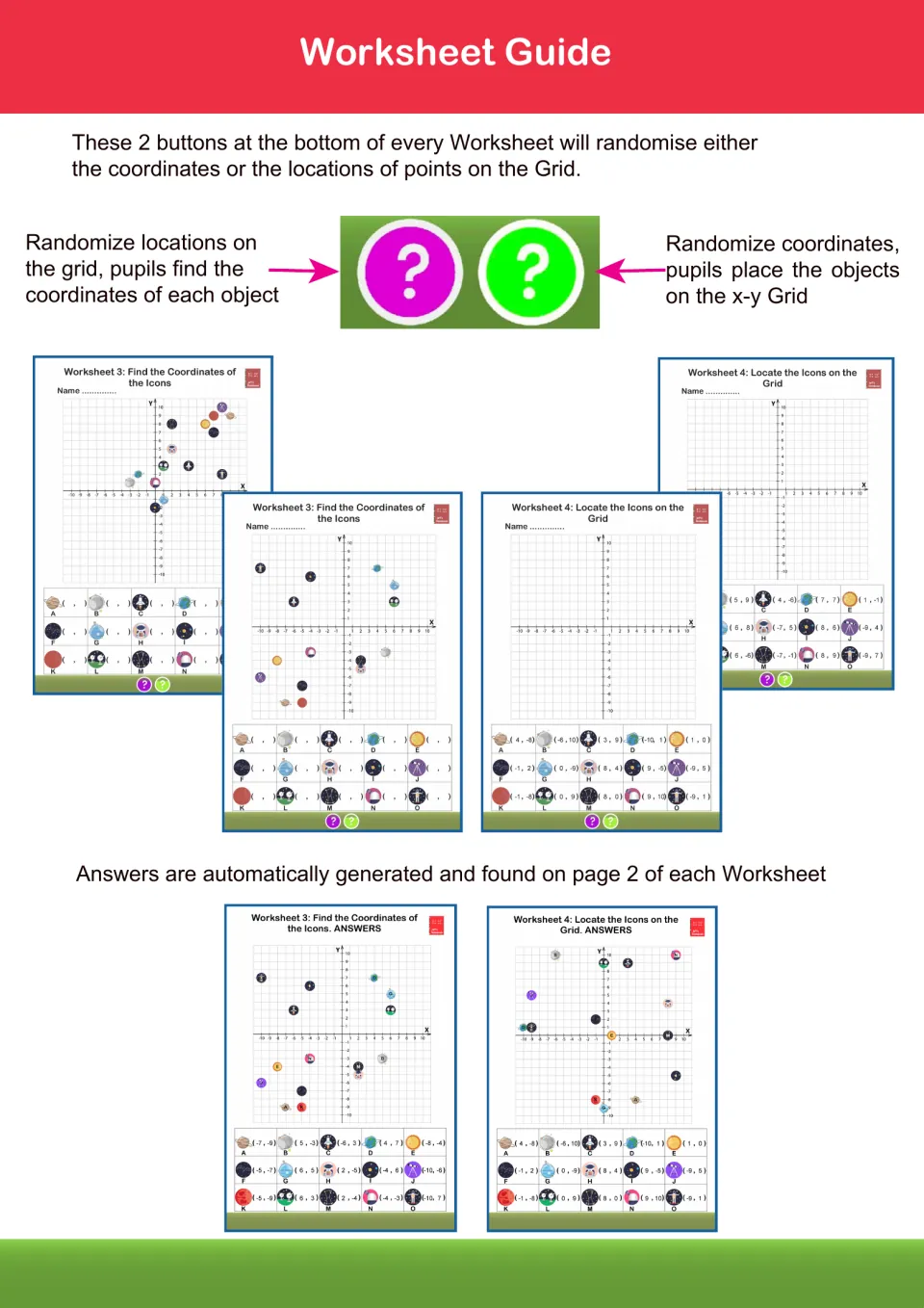 Worksheet guide: buttons randomize icon locations or coordinates for finding or plotting points, with answers on page 2