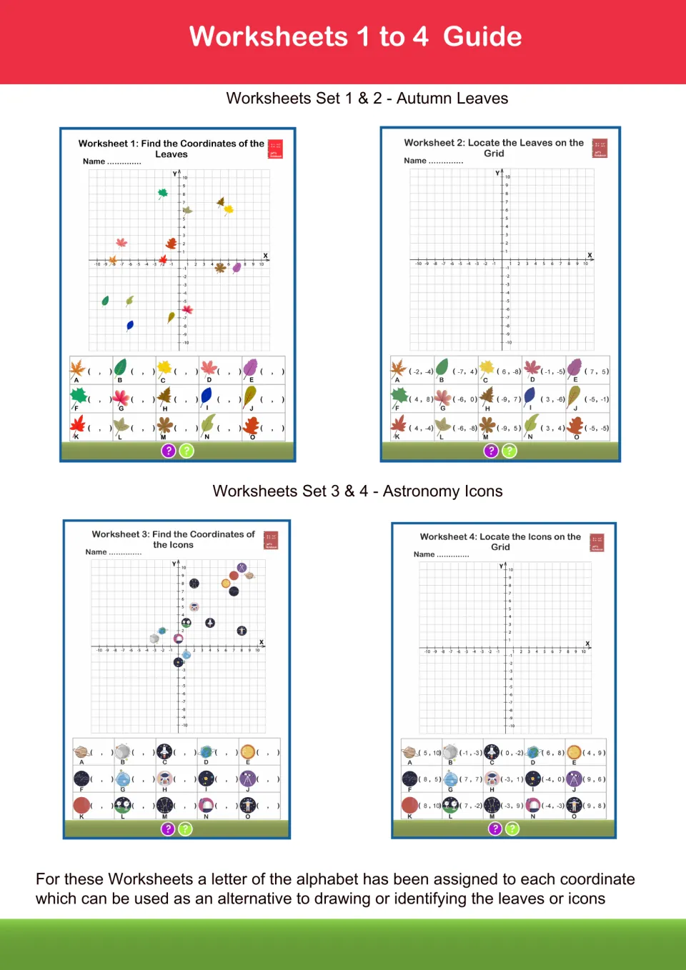 Guide to worksheets 1 to 4: find and locate autumn leaves and astronomy icons on a four-quadrant grid, each lettered A to O