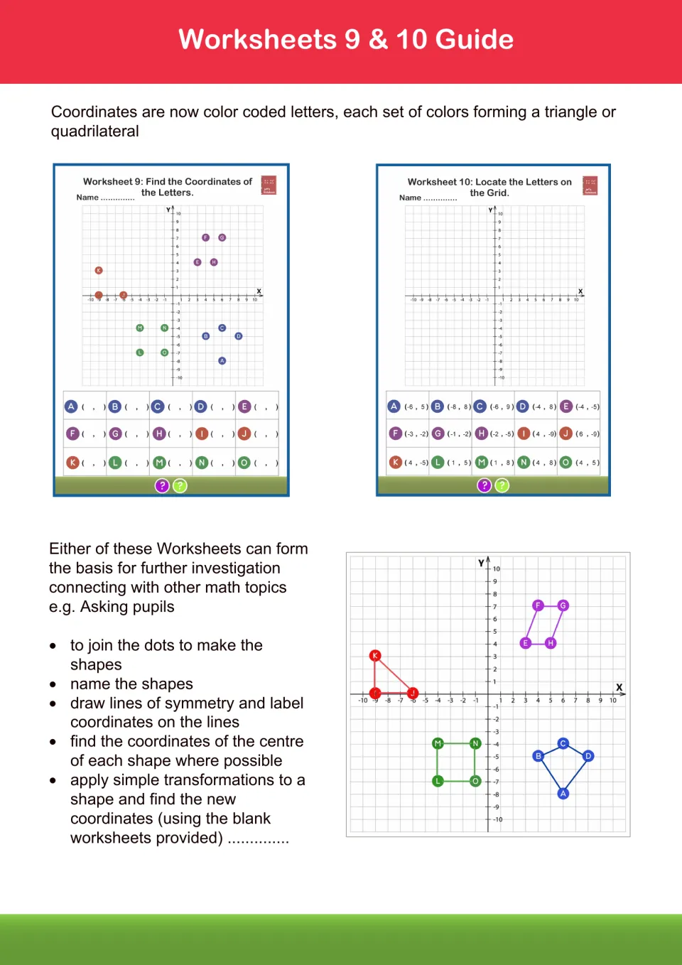 Guide to worksheets 9 and 10: color-coded points form triangles and quadrilaterals; ideas for symmetry and transformations