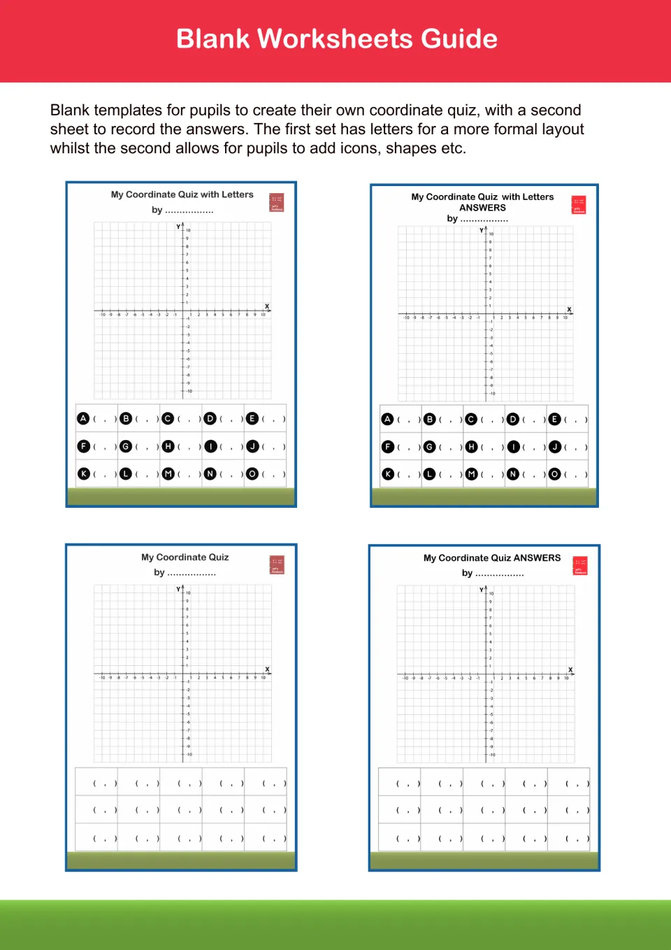 Blank templates guide: pupils build their own coordinate quiz, with lettered or open versions and answer sheets