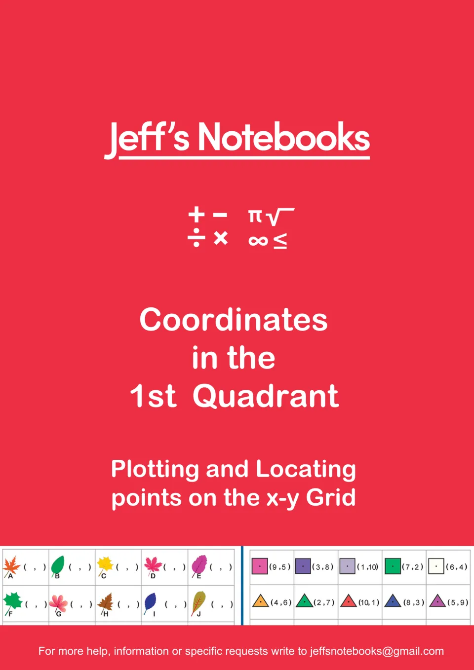 Cover for Jeff's Notebooks coordinates set: plotting and locating points on the x-y grid, with leaf and shape samples