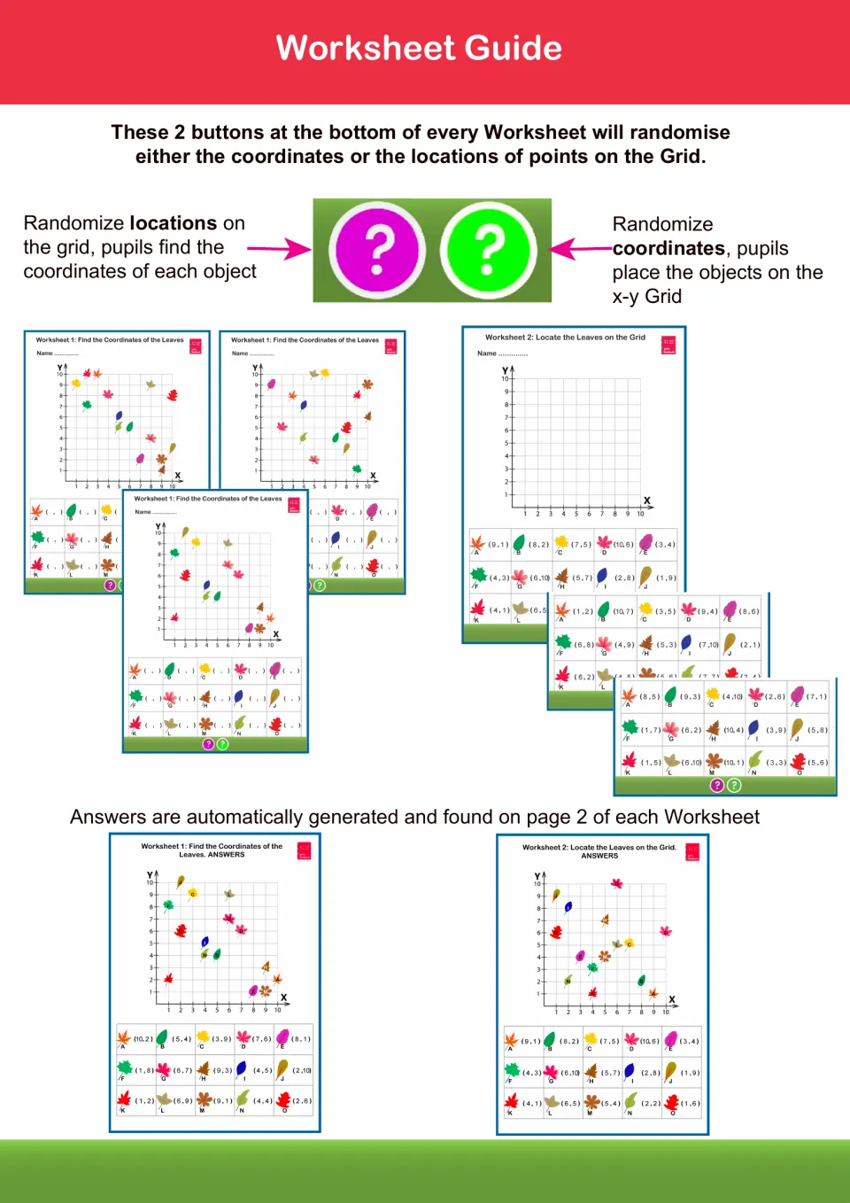 Guide to the two randomise buttons: shuffle object locations or ordered pairs, with auto-generated answer sheets shown