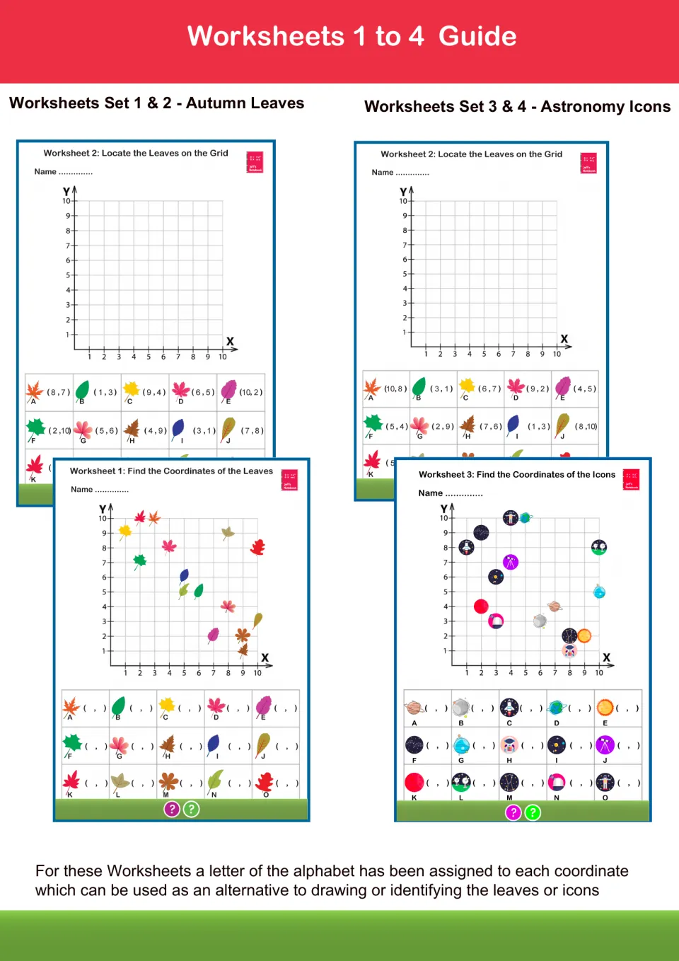 Guide to sets 1 to 4: find or locate autumn leaves and astronomy icons on a 10 by 10 grid, each point lettered A to O
