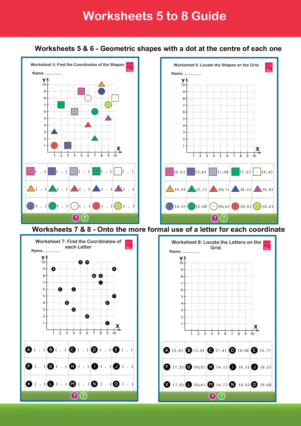 Guide to sets 5 to 8: plotting geometric shapes by their centre dots, then moving to lettered points with ordered pairs