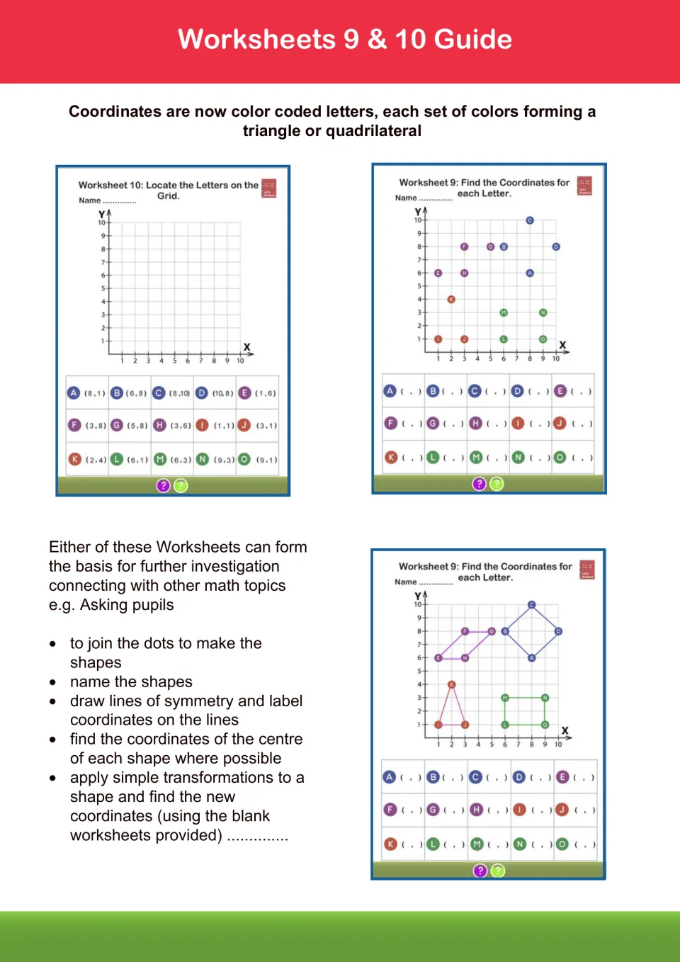 Guide to sets 9 and 10: colour-coded letters plot triangles and quadrilaterals, with follow-up ideas on symmetry and shapes