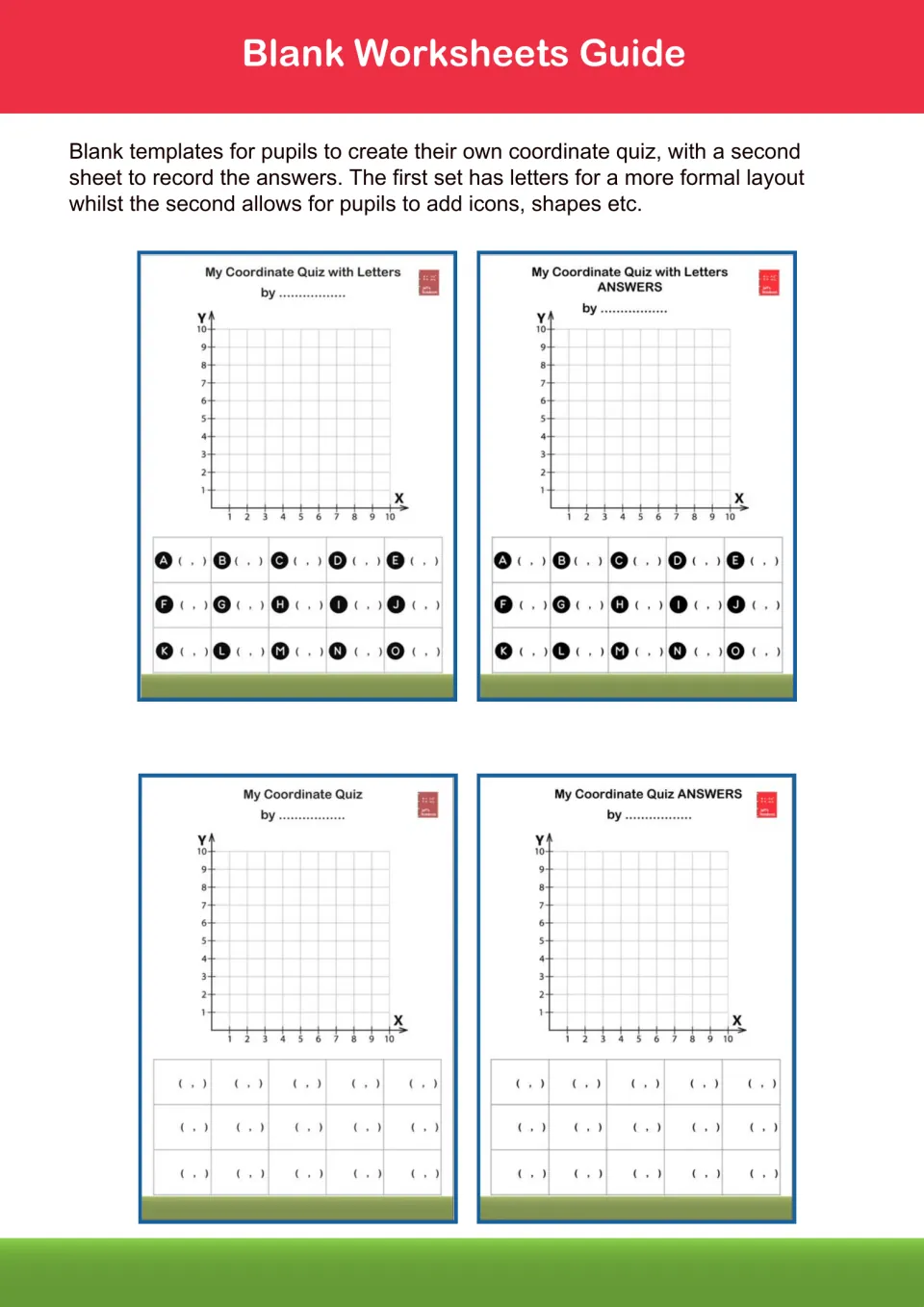 Blank coordinate quiz templates: pupils design their own lettered or icon points, with a matching answer sheet to fill in