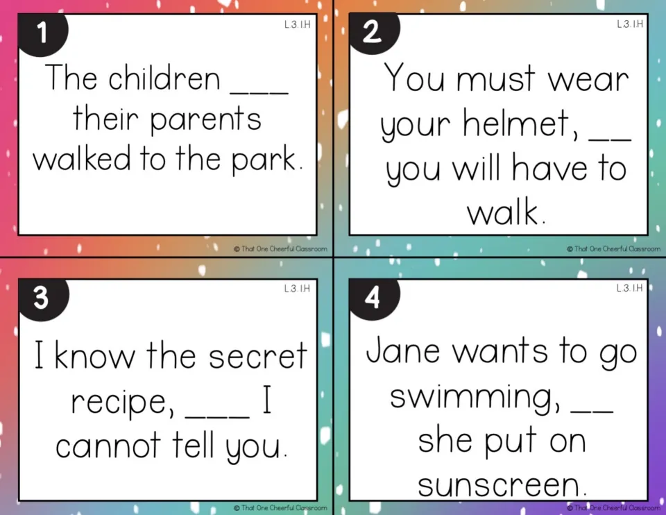 Coordinating conjunctions, cards 1-4: students fill each blank to join sentences about a park walk, helmet and sunscreen