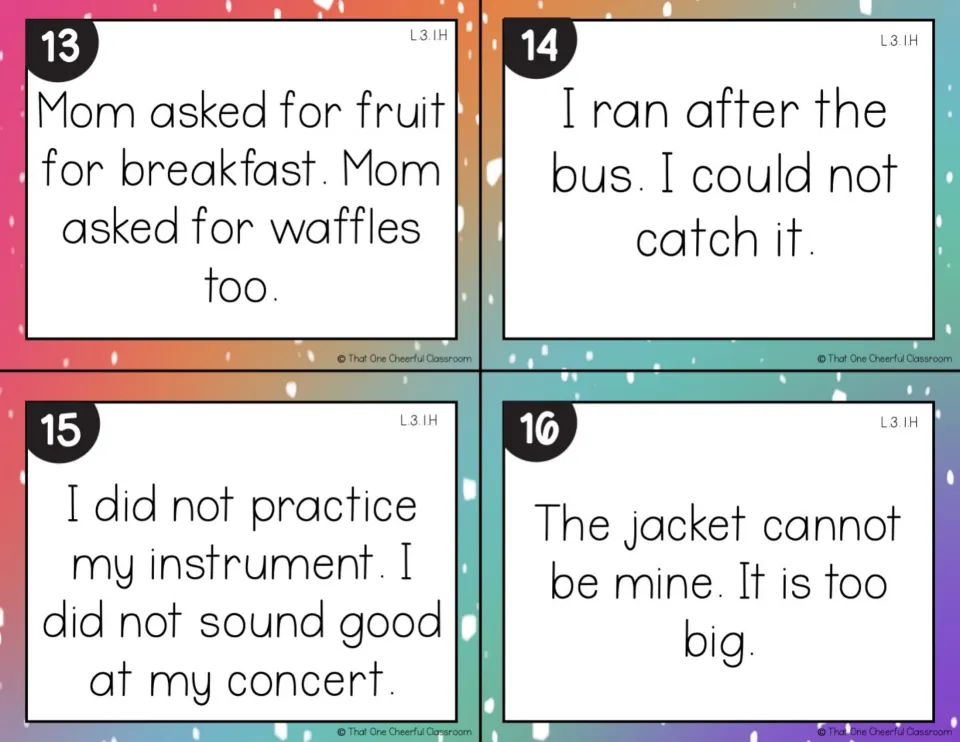Cards 13-16: students combine two sentences into one with a conjunction, about breakfast, a bus, a concert and a jacket