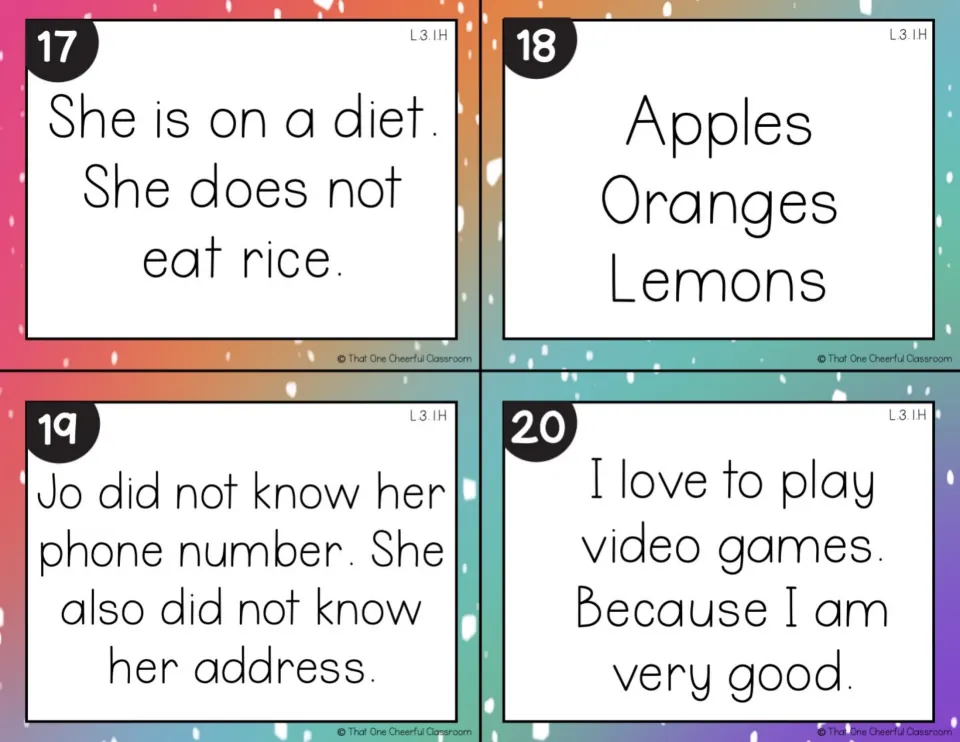 Cards 17-20: joining sentences on a diet, a list of apples, oranges and lemons, a phone number, and a video game fragment
