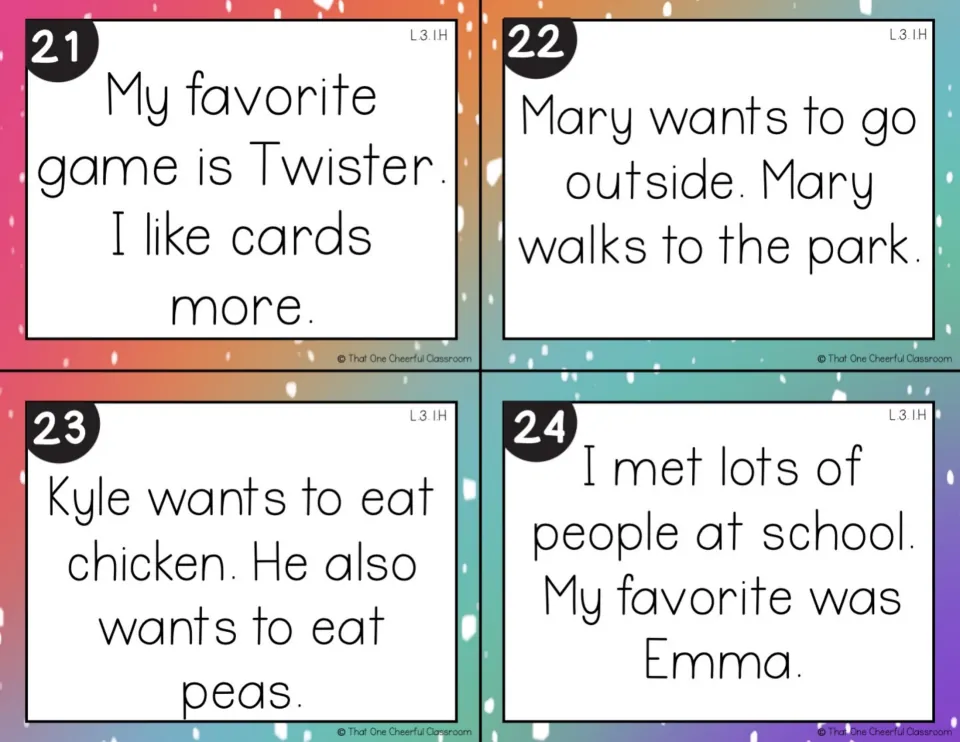 Cards 21-24: students merge sentence pairs about Twister and cards, Mary at the park, Kyle's chicken and peas, and Emma