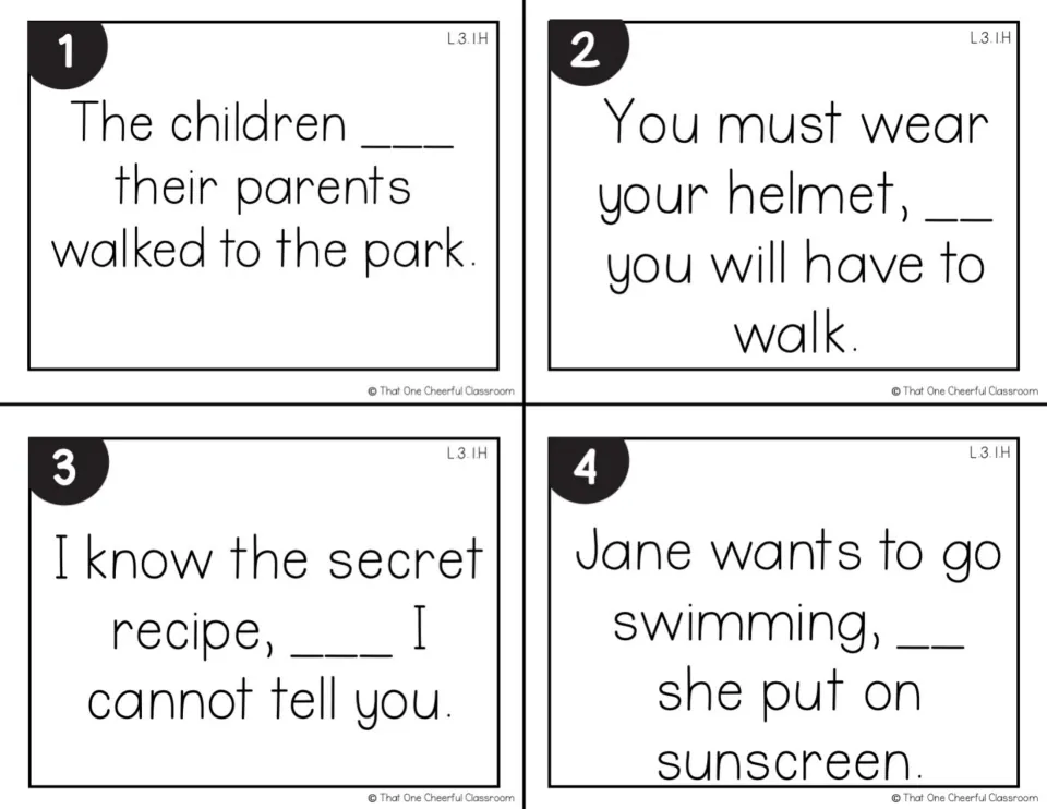 Black-and-white cards 1-4: blanks for the conjunction in sentences about parents, a helmet, a recipe and swimming