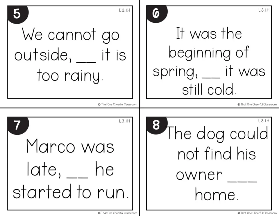 Printer-friendly cards 5-8 in black and white: write the joining word for sentences on rain, spring cold, Marco and a dog