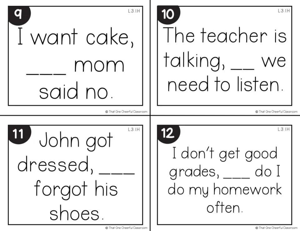 Black-and-white cards 9-12: students fill in the conjunction for sentences about cake, listening to the teacher and grades
