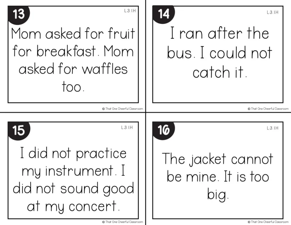 Black-and-white cards 13-16: combine sentence pairs about fruit and waffles, missing the bus, a concert and a big jacket