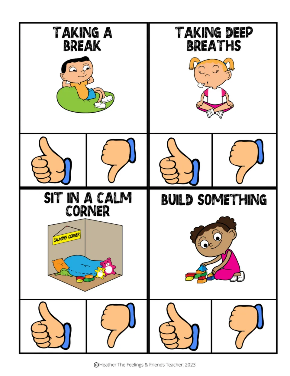 Coping skill cards: students clip thumbs up or down for taking a break, deep breaths, a calm corner and building something