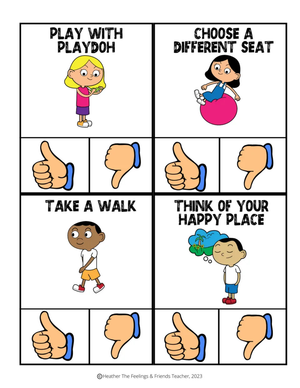 Coping skill cards: students clip thumbs up or down for playdoh, choosing a different seat, a walk and a happy place