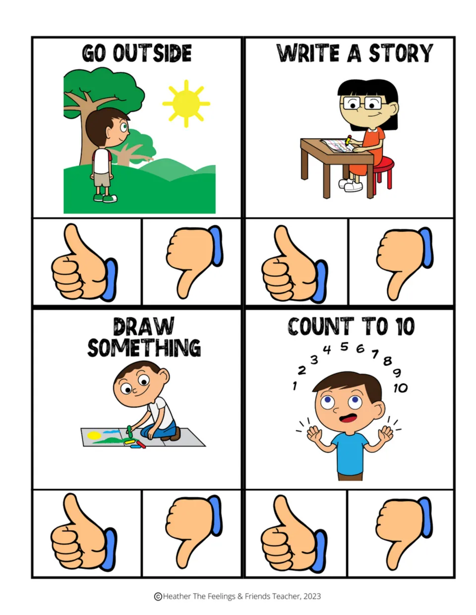 Coping skill cards: students judge going outside, writing a story, drawing and counting to 10 by clipping thumb up or down