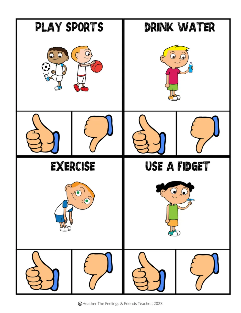 Coping skill cards for playing sports, drinking water, exercise and using a fidget; students clip thumbs up or thumbs down