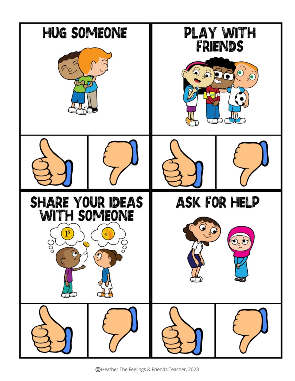 Social coping skill cards: hug someone, play with friends, share your ideas and ask for help, to clip thumbs up or down
